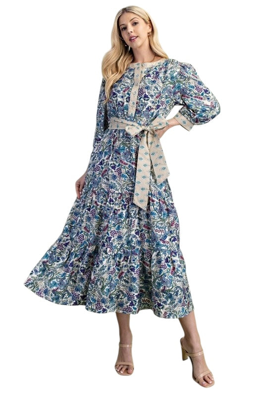 Blue Florals Midi w/ Contrast Boarder