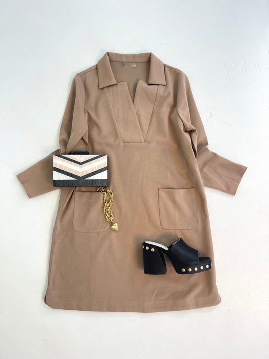 V Neck Collared Dress in Taupe