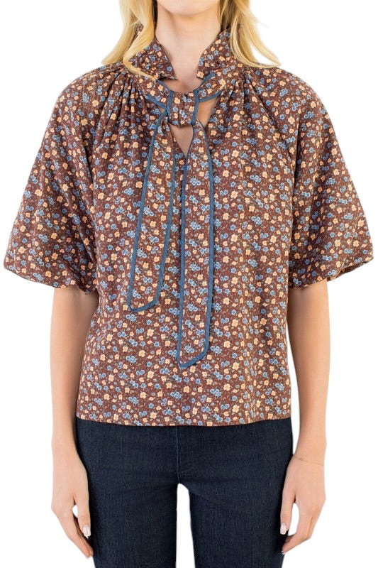 Chocolate Floral Tie Neck Top