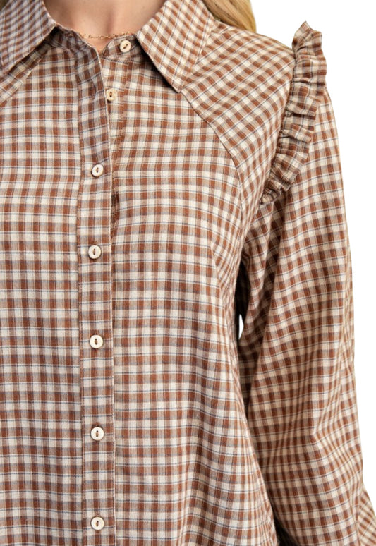 Gingham Frayed Hem Shirt-2 Colors