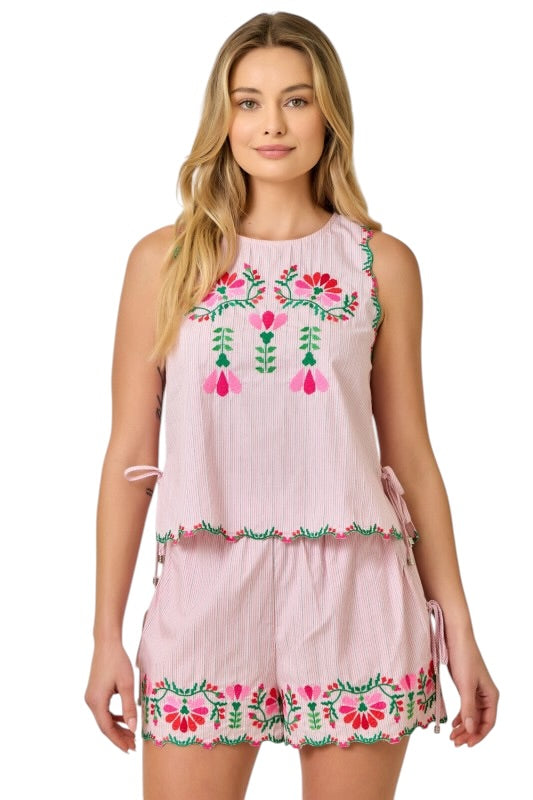 Embroidered Scallop Cotton Set in Pink