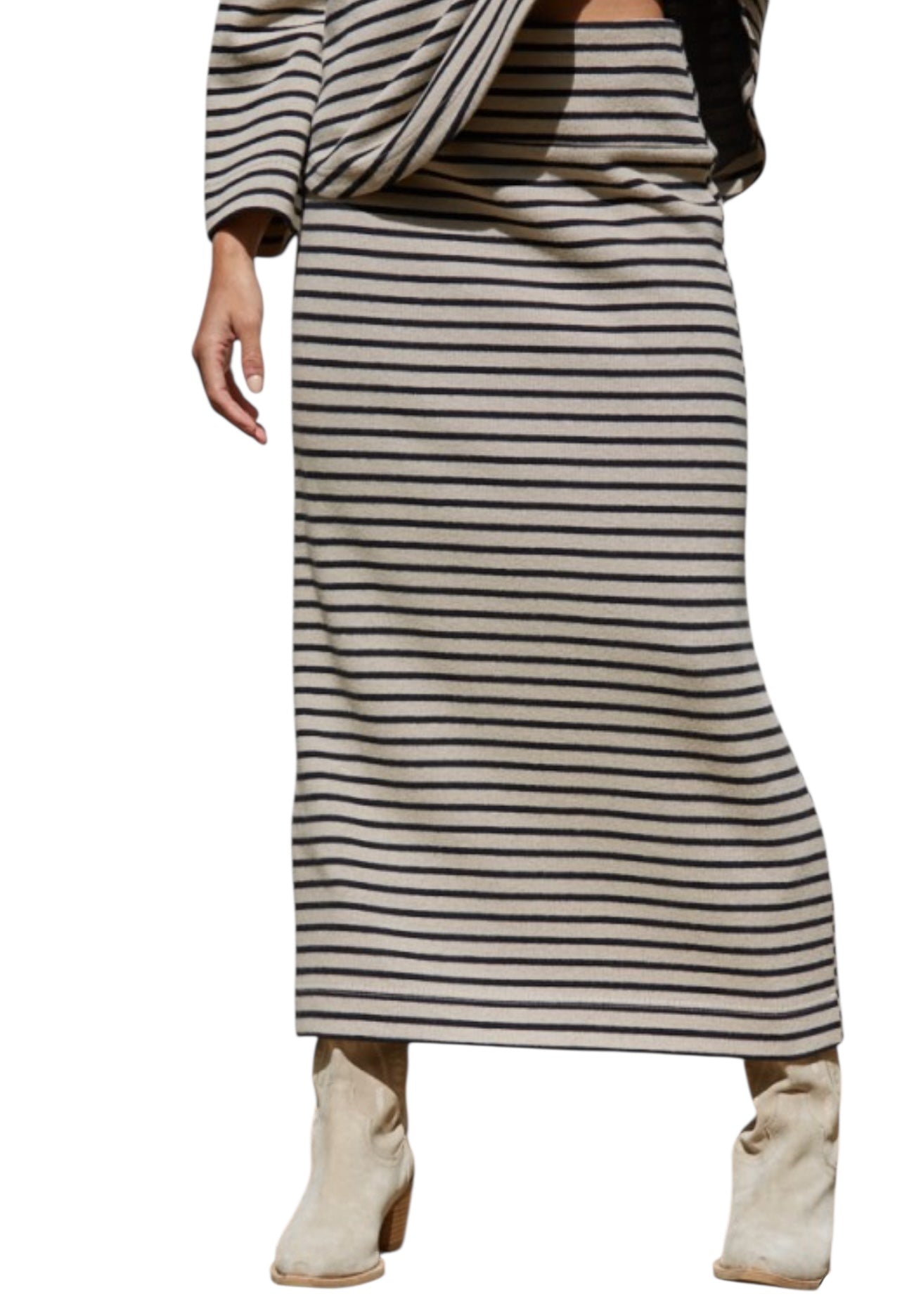 Black & Taupe Stripe Knit Midi Skirt