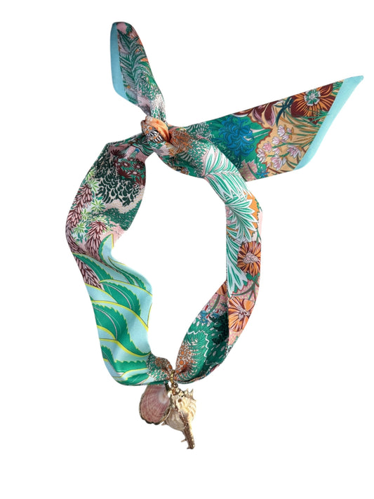 Green Safari Scarf Necklace w/ Shell Pendants