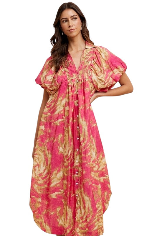 Smocked Detail Midi in Pink Swirl