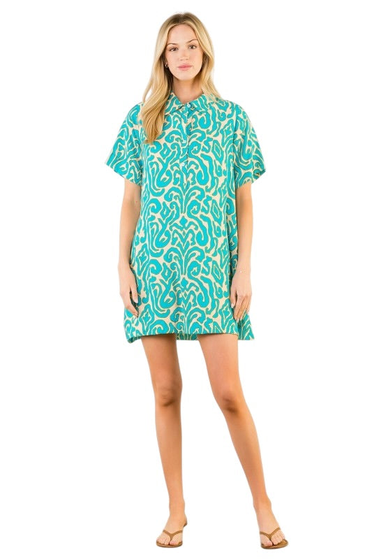 Teal Mosaic Shirt Dress