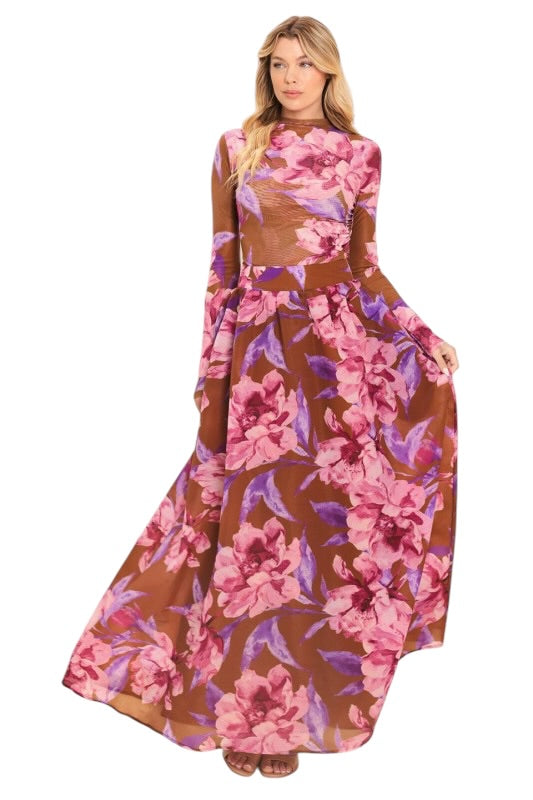 Brown & Pink Floral Mesh Top