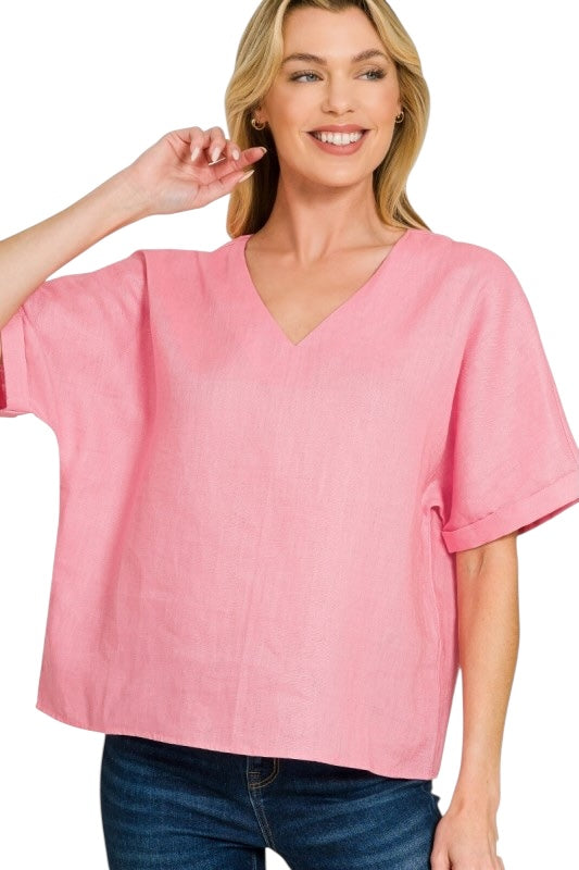 Linen V Neck Top- 4 Colors
