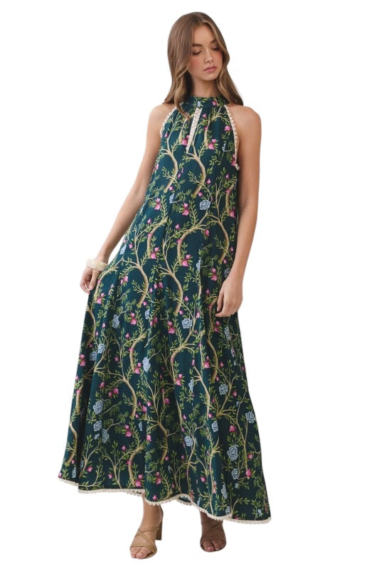 Jade Chinoiserie Halter Neck Maxi