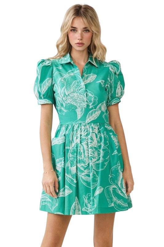 Green Floral Collared Mini