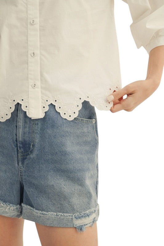 Scallop Hem Eyelet Top