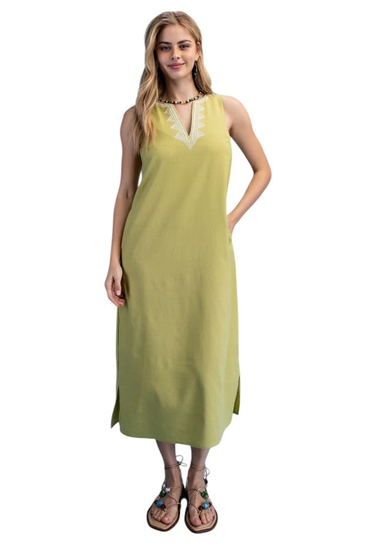 Linen Sleevless Midi in Green Tea
