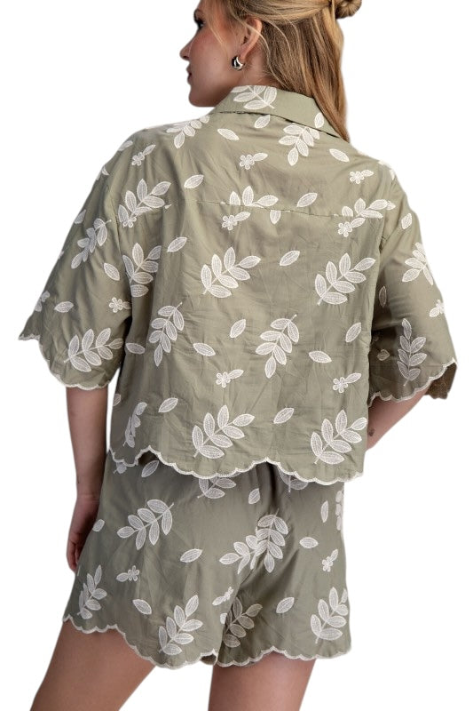 Scallop Hem Embroidered Shirt in Sage