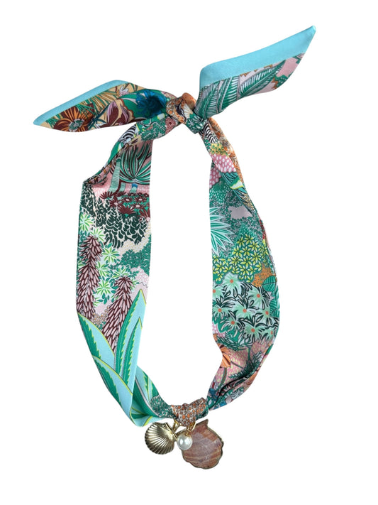 Green Safari Toile Scarf Necklace W/ Clam Locket Pearl and Shell Pendant
