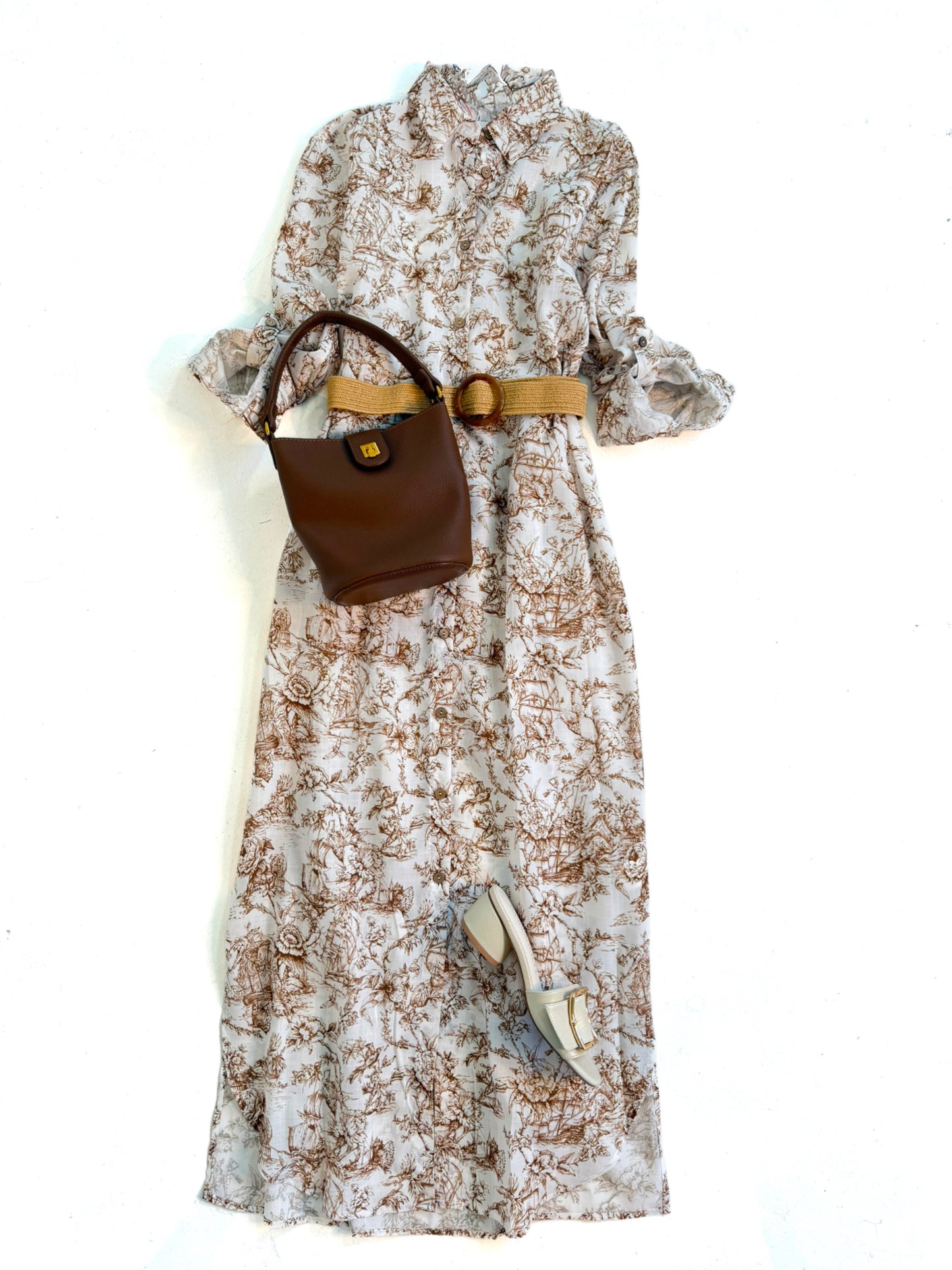 Nut Brown Toile Belted Midi