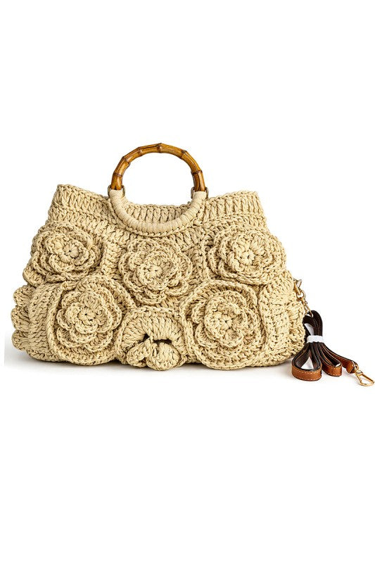 Floral Crochet Bamboo Handle Tote