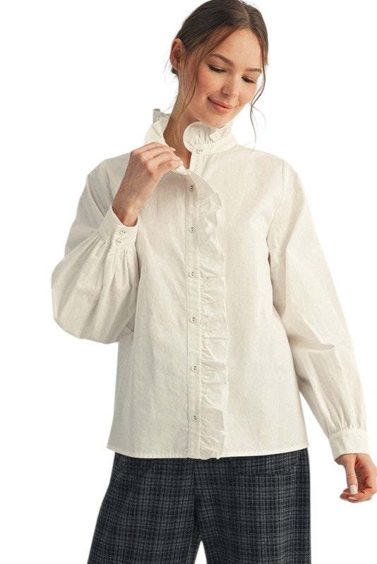 Ruffle Front Poplin Blouse- 3 Colors !!