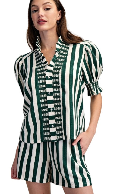 Ruffle Front Cabana Stripe Shirt in Green