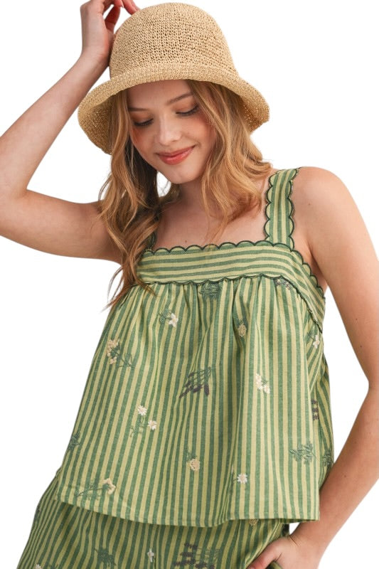 Olive Stripes Embroidered Set