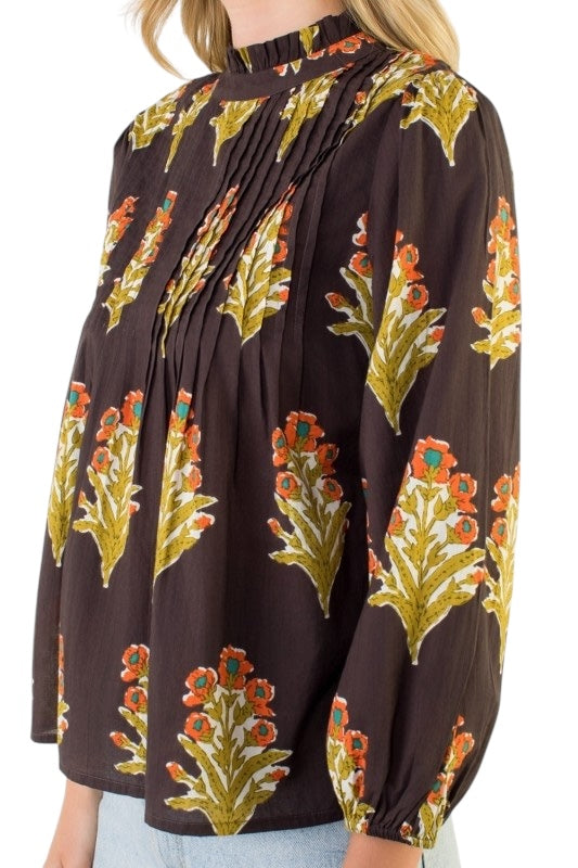 Chocolate Floral Pleats Top