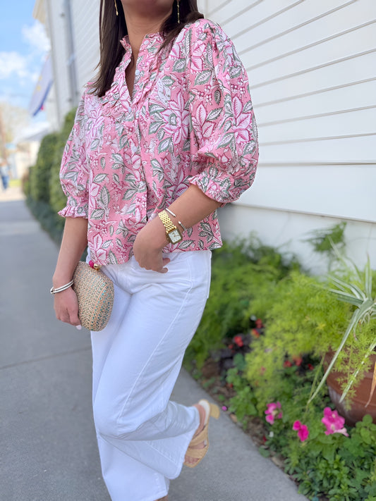 Chloe Top in Pink & Seafoam Florals