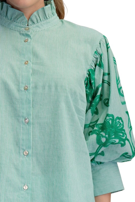Green Stripe Embroidered Sleeve Top