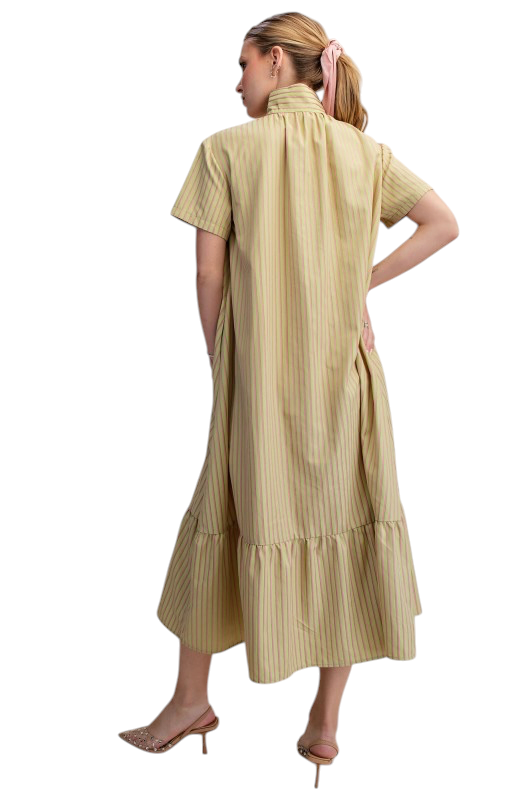 Sage & Pink Stripe Standing Collar Midi