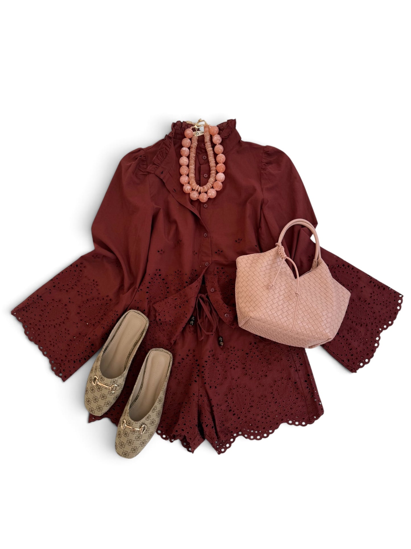 Eyelet Bell Sleeve Set in Rust