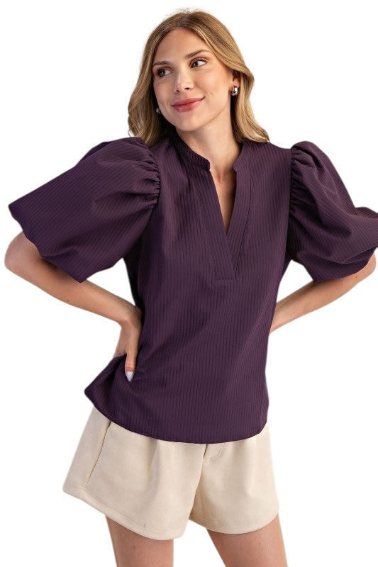 Textured Stripe Puff Sleeve Top in Eggplant