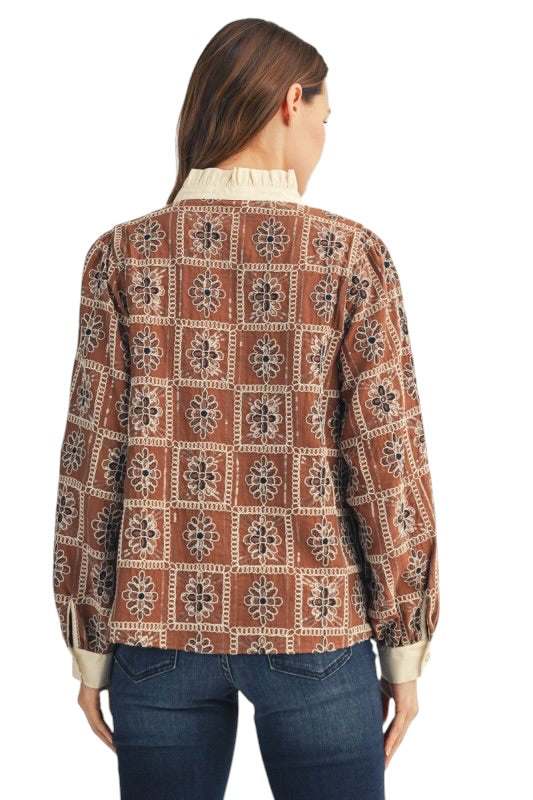 Mocha Embroidered Squares Top