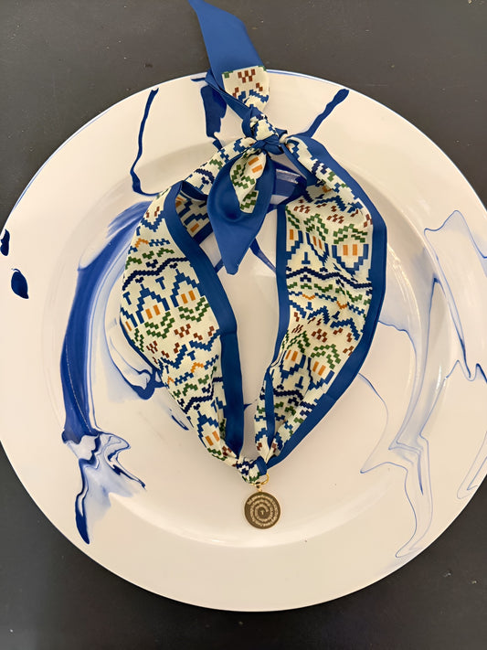 Blue Geo Scarf Necklace w/ Serenity Prayer Charm