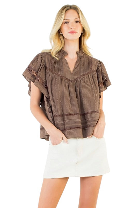 Flutter Sleeve Pintuck Top in Chocolate