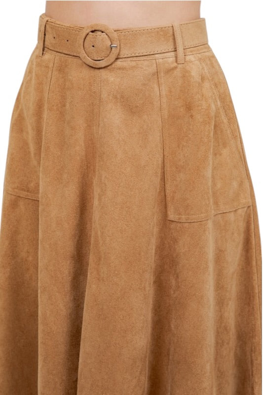 Suede Belted Midi Skirt