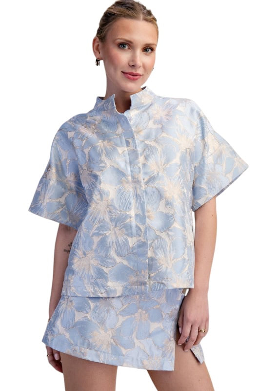 Floral Jacquard Boxy Top- Light Blue