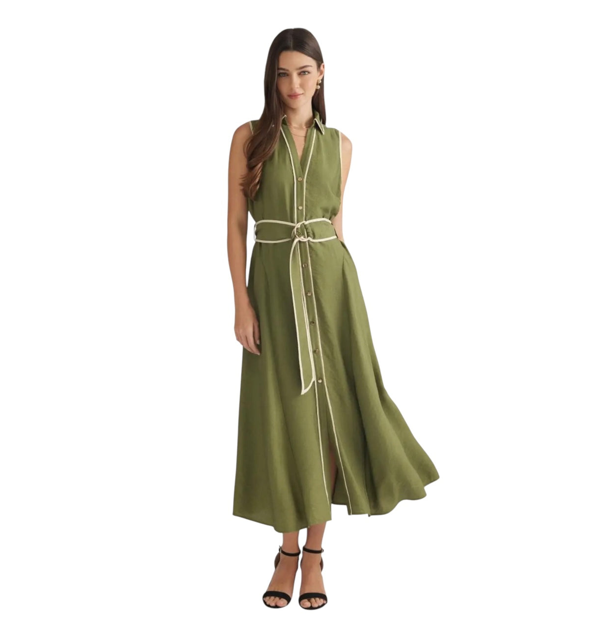 Sleeveless Olive Belted Midi