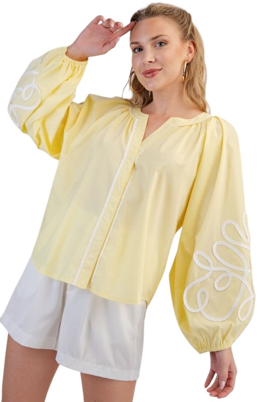 Soutache Puff Sleeve Blouse- 2 colors