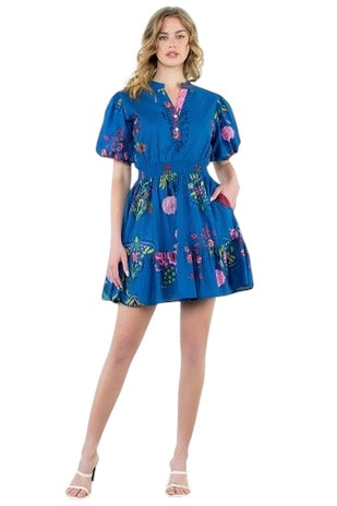Mixed Florals Smocked Waist Mini in Blue