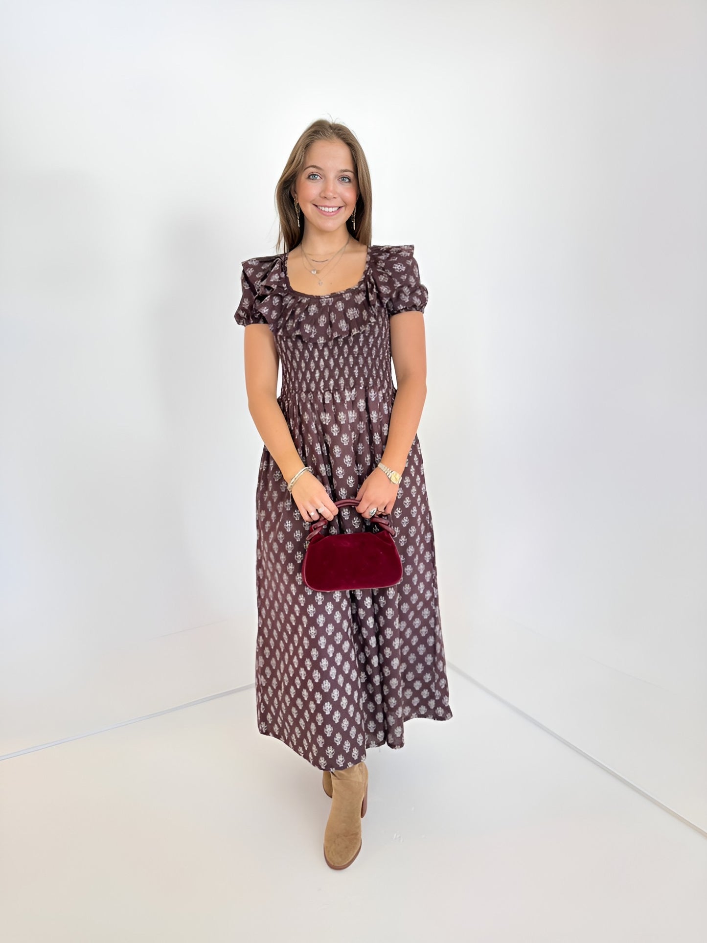 Hassle Smocked Midi in Dark Chocolate Blockprint