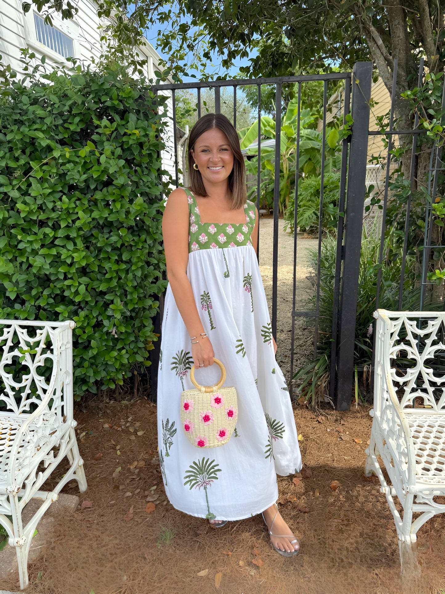 Pink & Green Palm Tie Shoulder Midi
