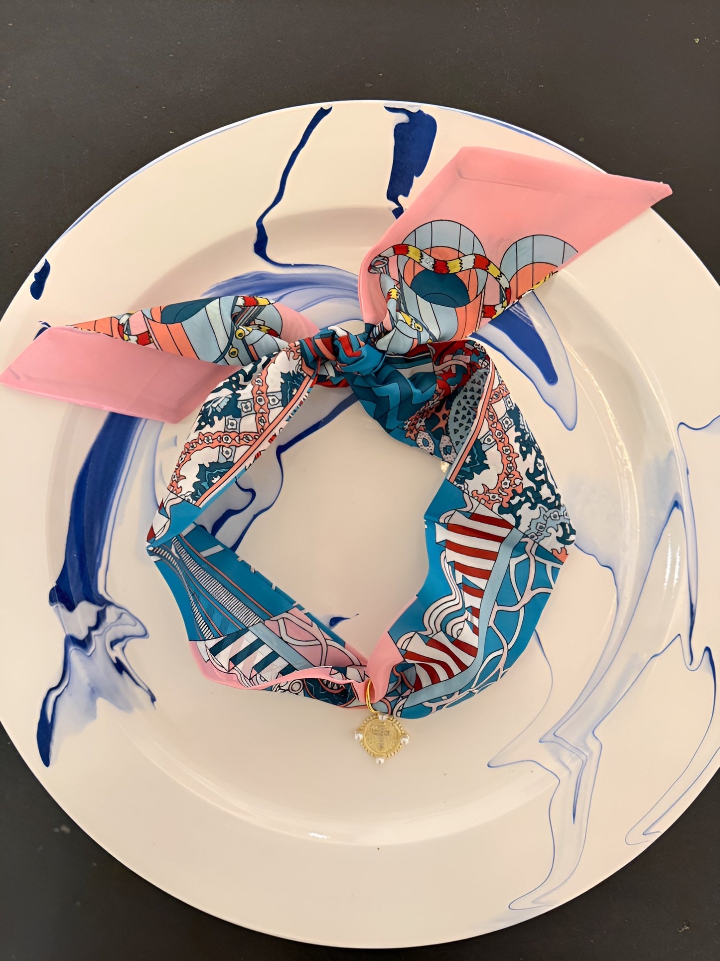 Pink & Blue Scarf Necklace w/ Pearl Cross Charm