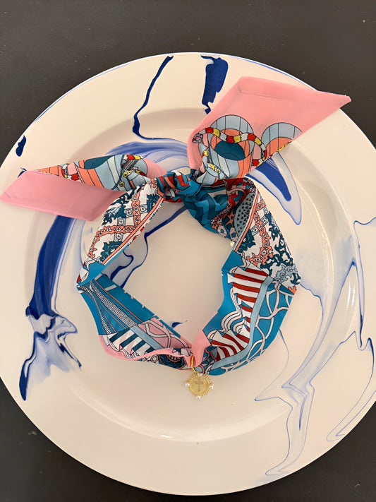 Pink & Blue Scarf Necklace w/ Pearl Cross Charm