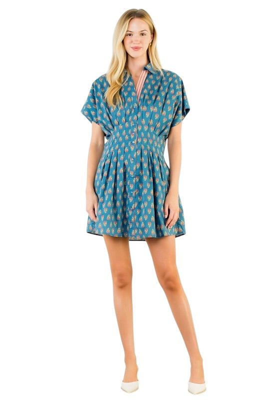 Teal BlockPrint Pleated Mini