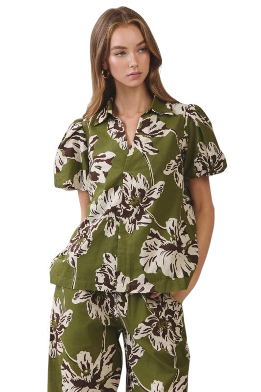Olive Florals Split Neck Top
