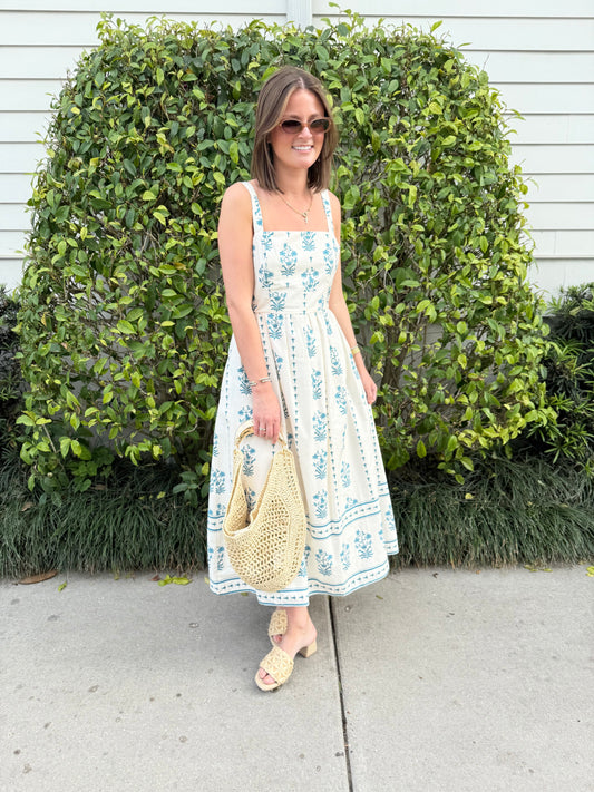 Cream & Blue Square Neck Midi