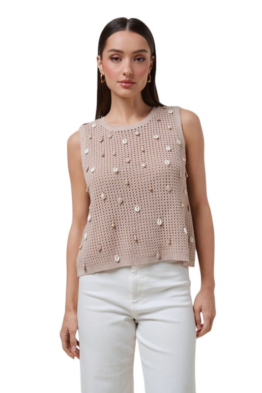 Tan Shell Embellished Sleeveless Sweater