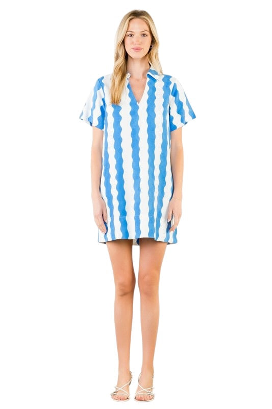 Blue & White Waves Shirt Dress