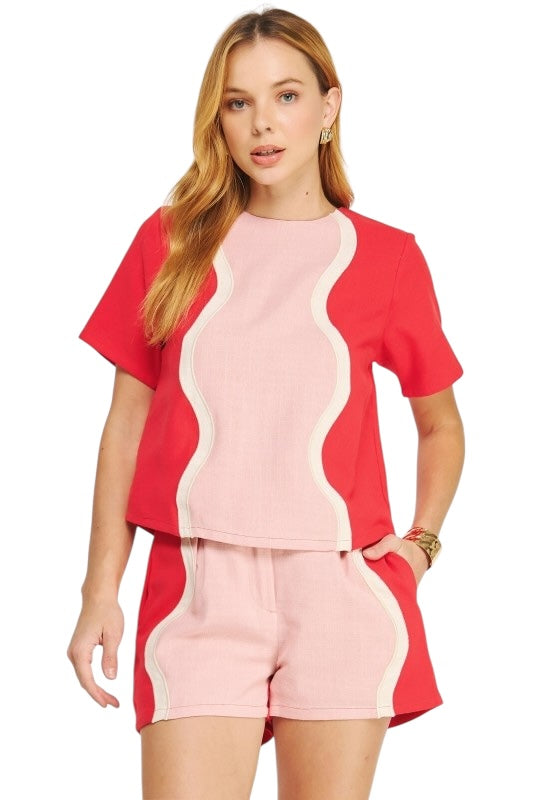 Wavy Colorblock Top - Red/Pink