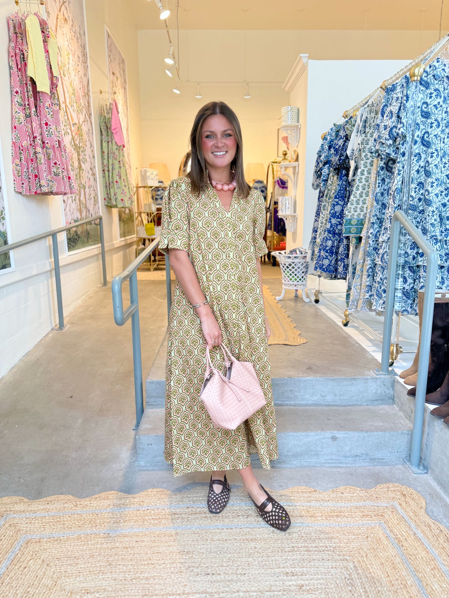 Matcha & Pink Button Front Midi