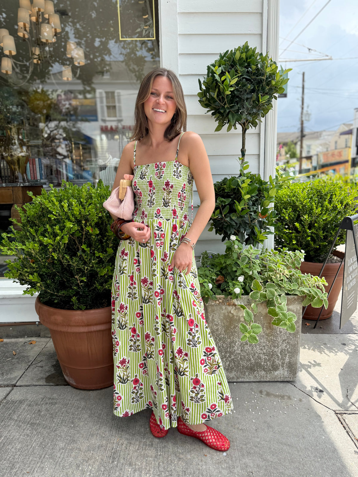 Ellen Tie Shoulder Midi in Lime Floral Stripe