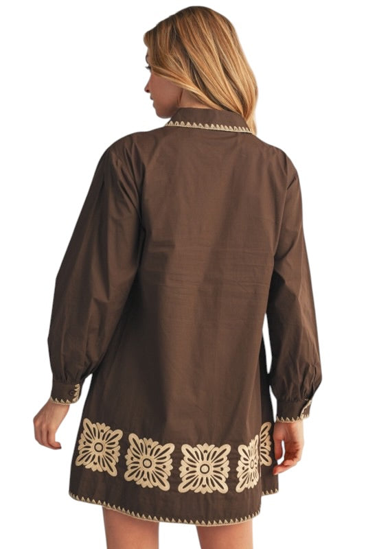 Poplin Embroidered Squares Shirt Dress in Brown