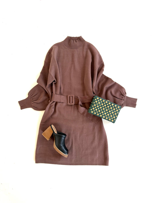 Chocolate Belted Sweater Dress